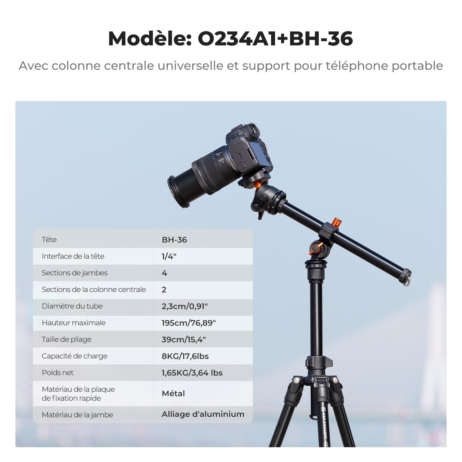 K&F CONCEPT Trépied d'appareil Photo et Smartphone avec Bras d'extension 195cm, Aluminium léger et Compact, Compatible avec Canon Nikon Sony DSLR iPhone Samsung, Tête sphérique à 360°, 8kg Charge Max
