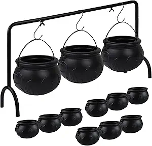 Halloween Cauldrons Serving Bowl Decor, Set of 12 Hanging Black Plastic Cauldron Bowls with Iron Rack, Large and Mini Cauldrons Candy Bucket Punch Bowls for Table Witch Hocus Pocus Party Decorations