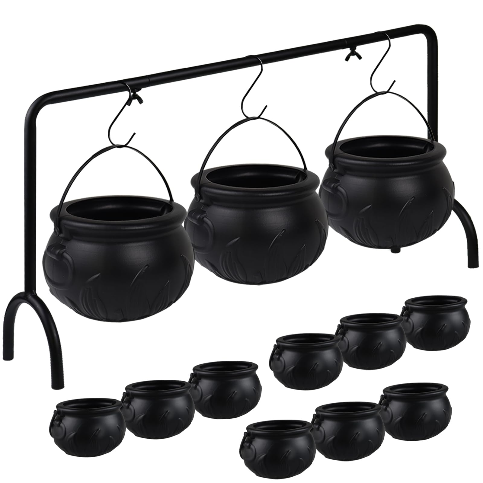 Photo 1 of 12 PCS Cauldron Halloween Decor, Large and Mini Black Plastic Hanging Cauldrons Serving Set, Spooky Witches Cauldron Desserts Candy Serving Bowls for Table Indoor Home Hocus Pocus Party Decorations