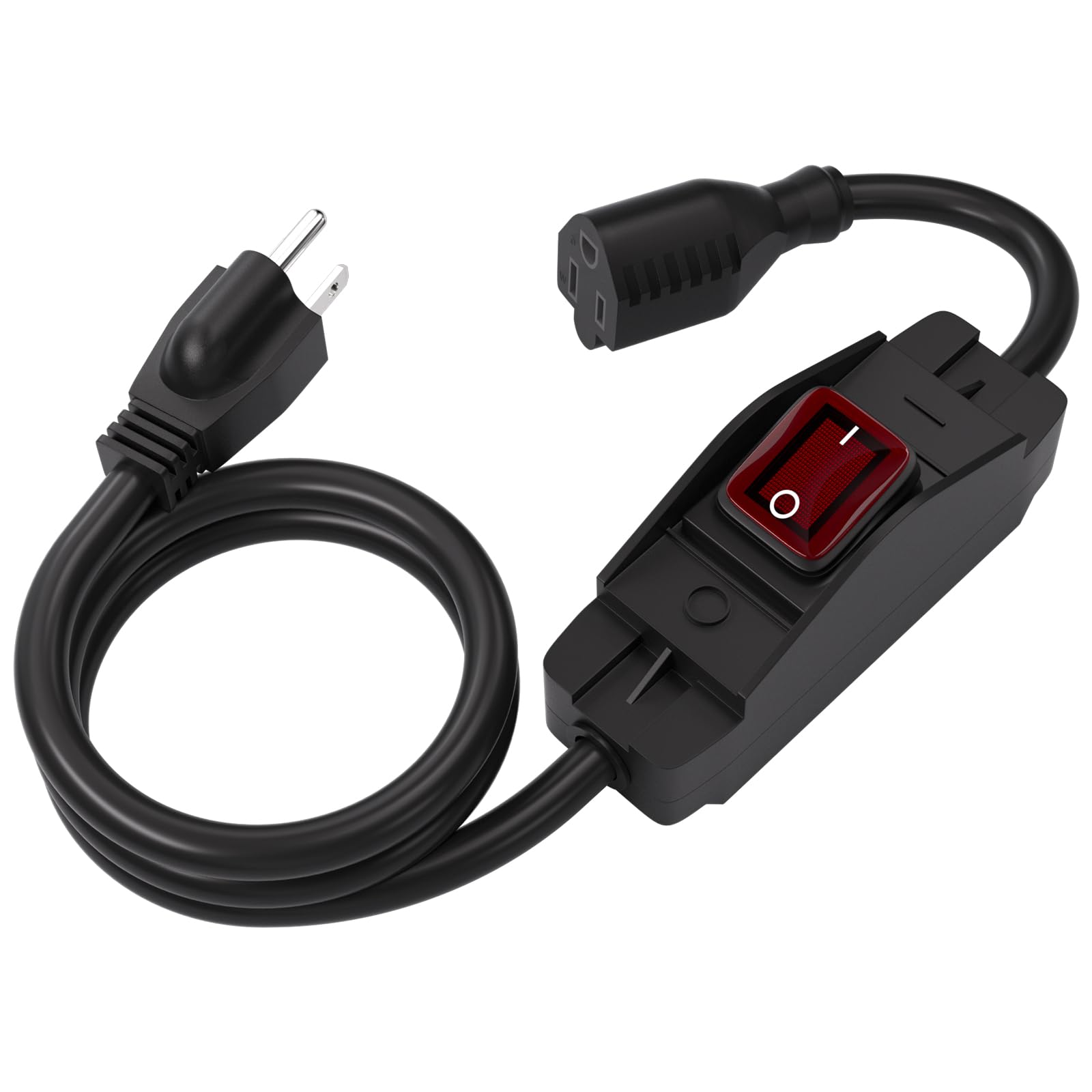 Muelnmey 3-Prong Outdoor Extension Cord with Switch ON/Off, 1875W Black Heavy Duty Waterproof Power Cord, 15A 125V Grounded Plug Receptacle Male