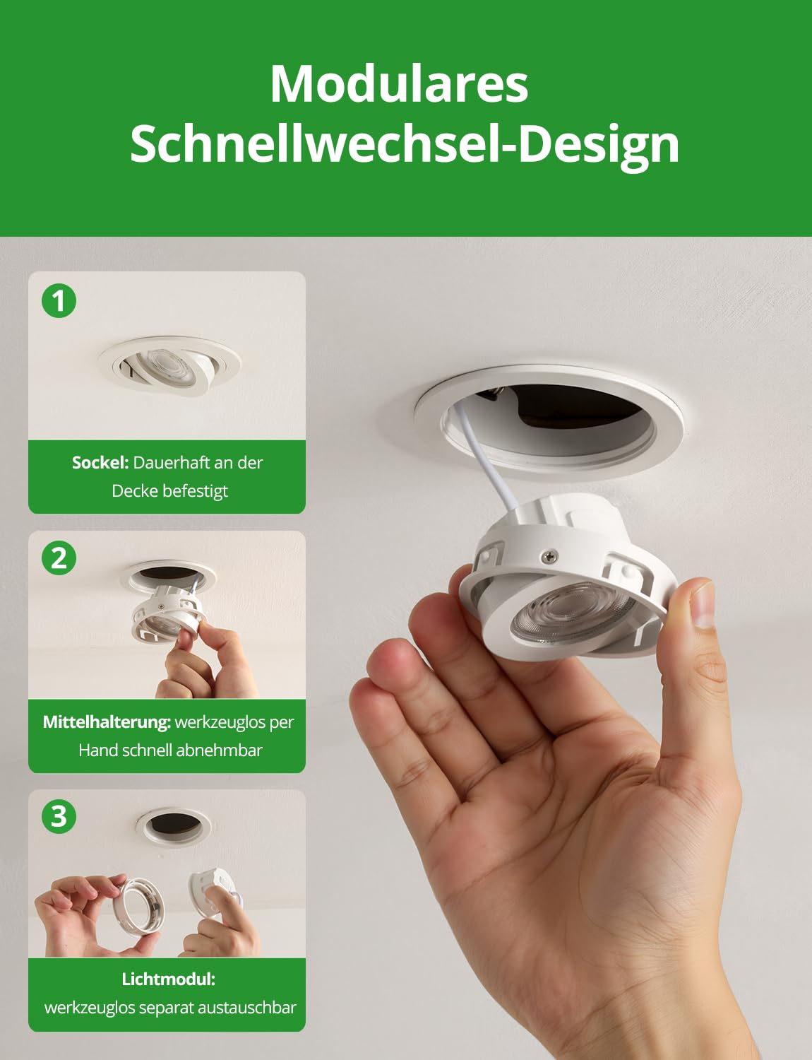 HOMEOW LED Spots 230V 72mm – 80mm Lochmaß, Austauschbar LED-Modul-Design | Schwenkbar Einbauleuchten Dimmbar 6W, 2700K 4000K 6000K IP44 für Badezimmer, Weiß 10er Set + 1 Ersatzlichtquelle