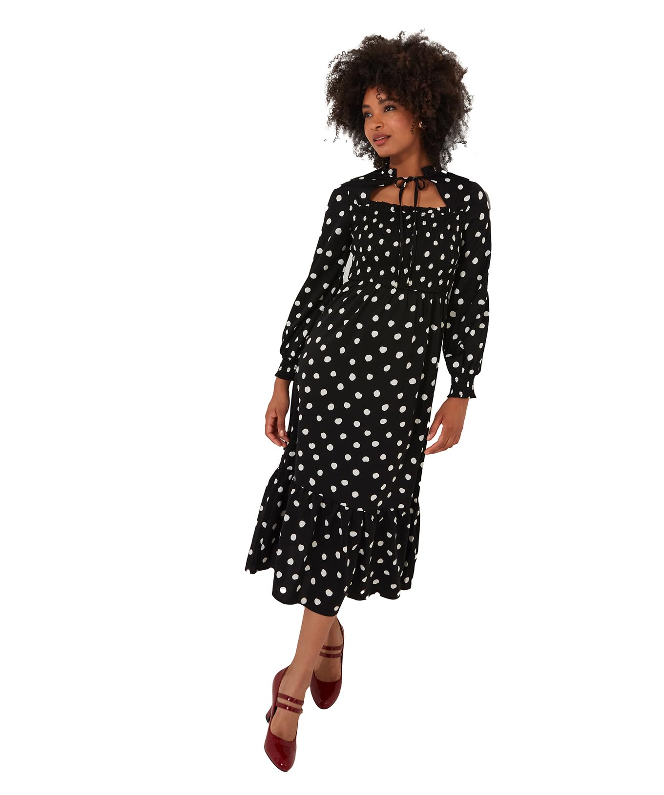 Joe Browns Women's Fashion Retro Monochrome Polka Dot Midi Dress with Neck Ties, Regular Fit, Black, UK 10