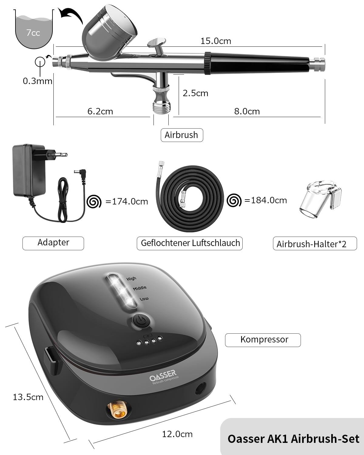 Oasser Airbrush Set Kompressor Dual Action 3 Modi 1000mAh Akku 0,3mm Düse 7CC Tasse Schwarz