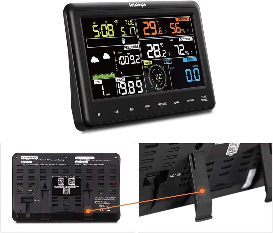 Back view of sainlogic weather station showing power input and mounting holes