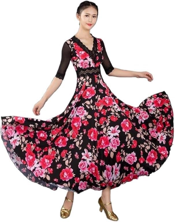 HEARTTOUCH Women's Long Ballroom Dance Dress Swing Skirt Modern Waltz Tango Dresses for Dance Competition Performances Events