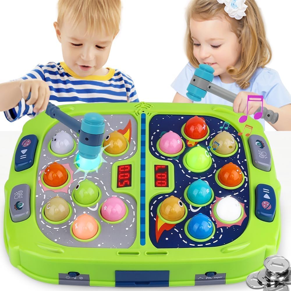 Guffawz Whack-a-Mole Game for Kids Interactive Hammer Toy with Lights & Sounds, PK Mode with 2 Hammers