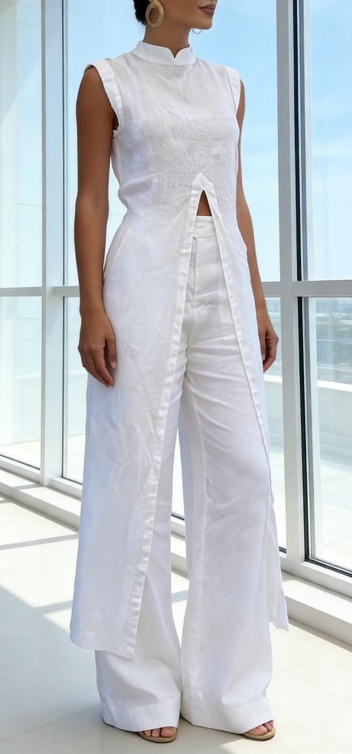 Elegante set da donna in misto lino con scollo alla coreana e spacco frontale e pantaloni larghi in vita elasticizzata Set di abiti estivi 2026