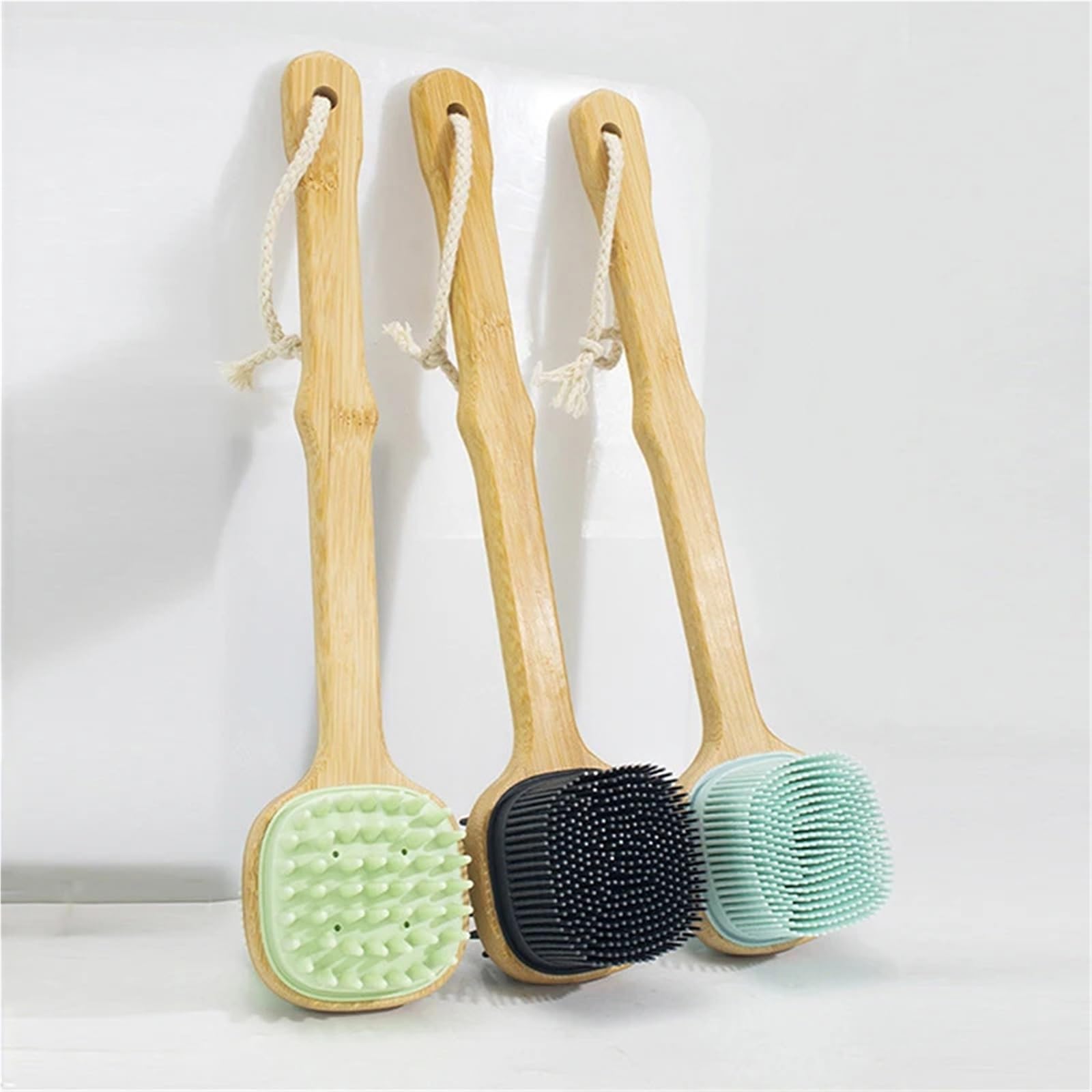 Cepillo Para La Espalda 2 uds cepillo de silicona frotador de espalda cepillo de ducha con mango largo de madera herramienta de limpieza de masaje corporal exfoliante de piel seca Per Il Bagno(Black)