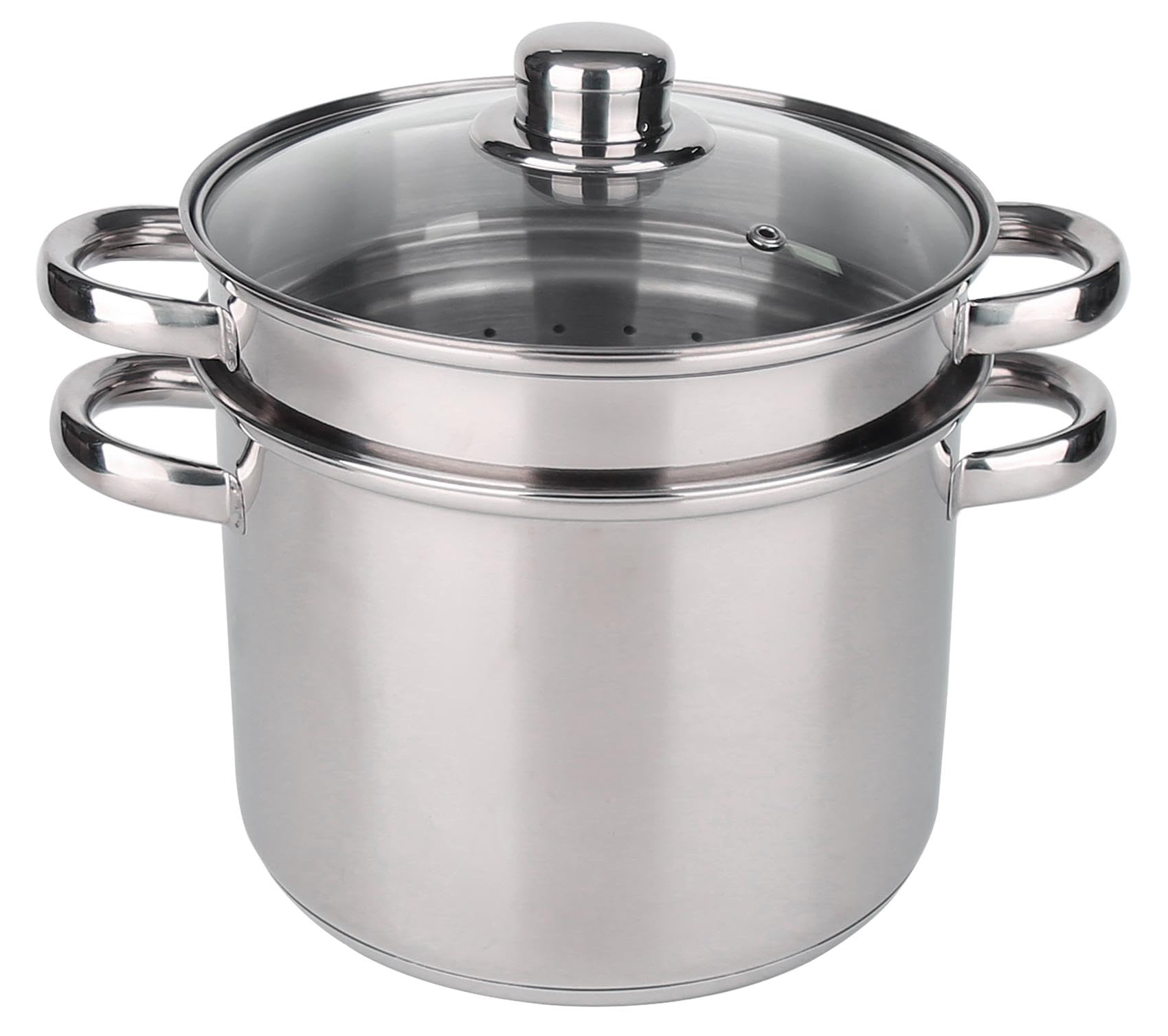 BAUMALU - Cuiseur à Pâtes - Acier Inoxydable - Tous Feux dont Induction - Triple Fond Diffuseur, Répartition Homogène de la Chaleur - Couvercle en Verre avec Bords Inox et Trou Vapeur - Ø24cm