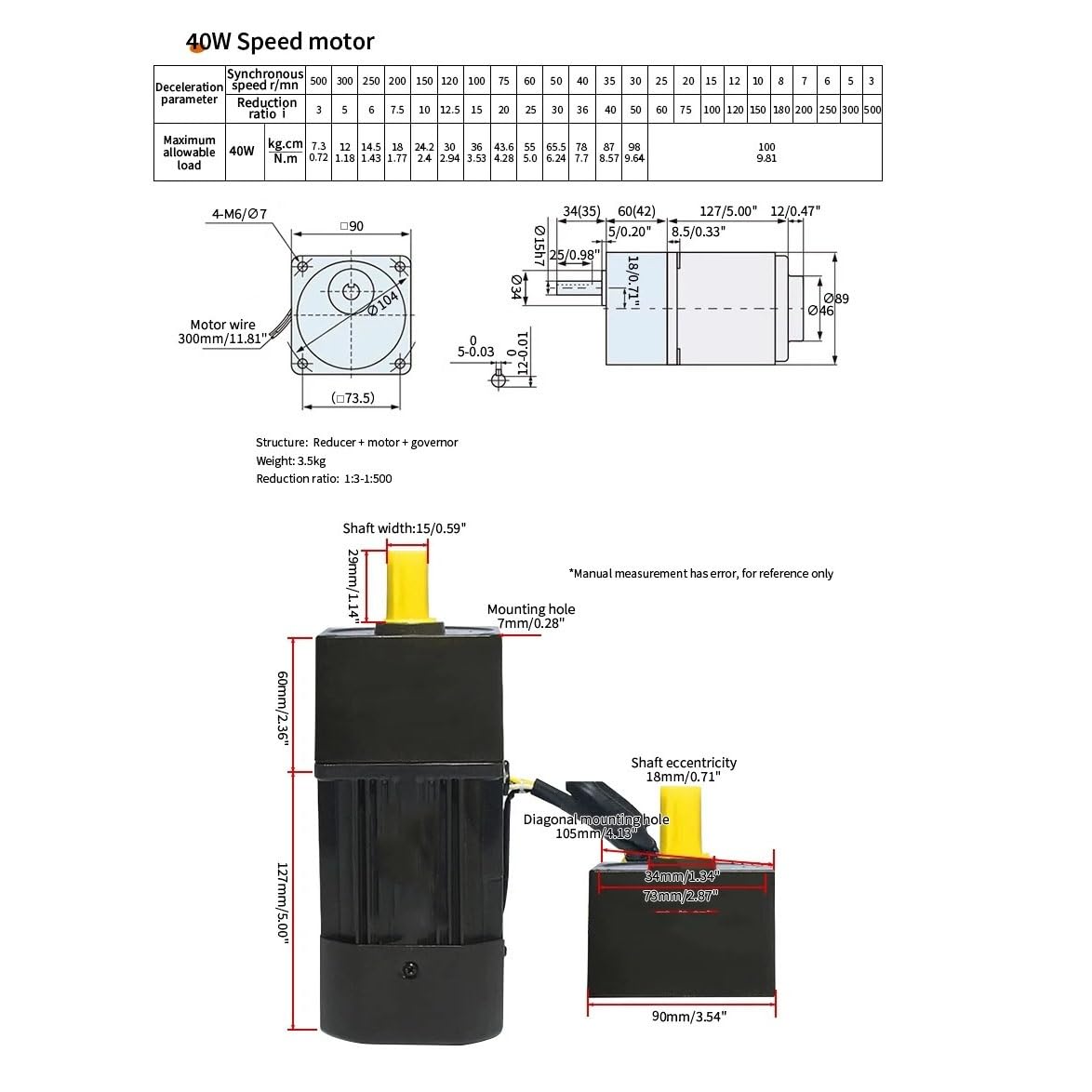 GTPBAO Regulador de Velocidad 1 motorreductor de Velocidad 5RK40RGN-CF, 40 W, 220 V CA, monofásico, Marco de 90 x 90 mm, Motor de Control de Velocidad Ajustable Reductor(30k)