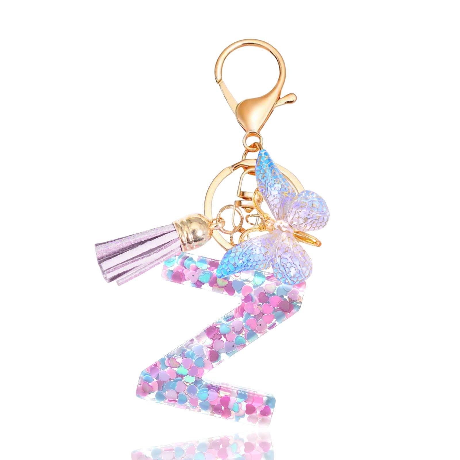 Meefisher Resin Alphabet Keychain - Purple Blue Pink Initial Letter Tassel Key Ring With Butterfly - View #2