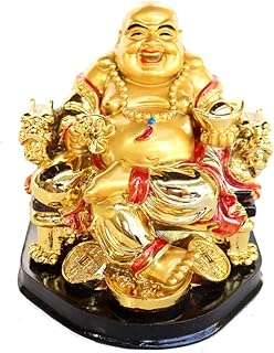 Feng Shui Import Estatua de Buda de dinero dorado en silla de dragón