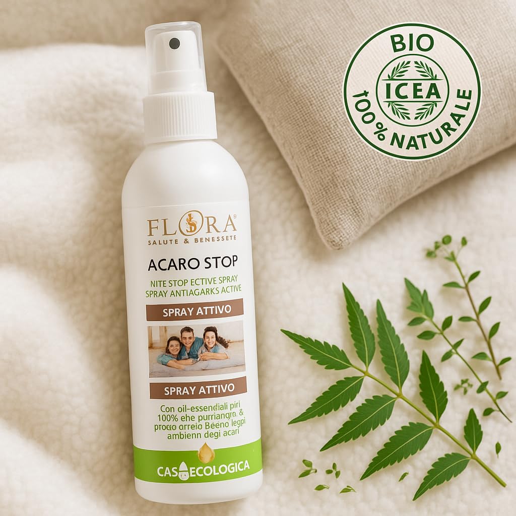 FLORA Acaro Stop Spray Antiacaro BIO-ICEA 200 ml – 15 Oli Essenziali 100% Puri + Olio di Neem, Protegge da Acari della Polvere, Non Macchia Tessuti, Uso su Materassi, Cuscini, Tappeti, Casa & Auto