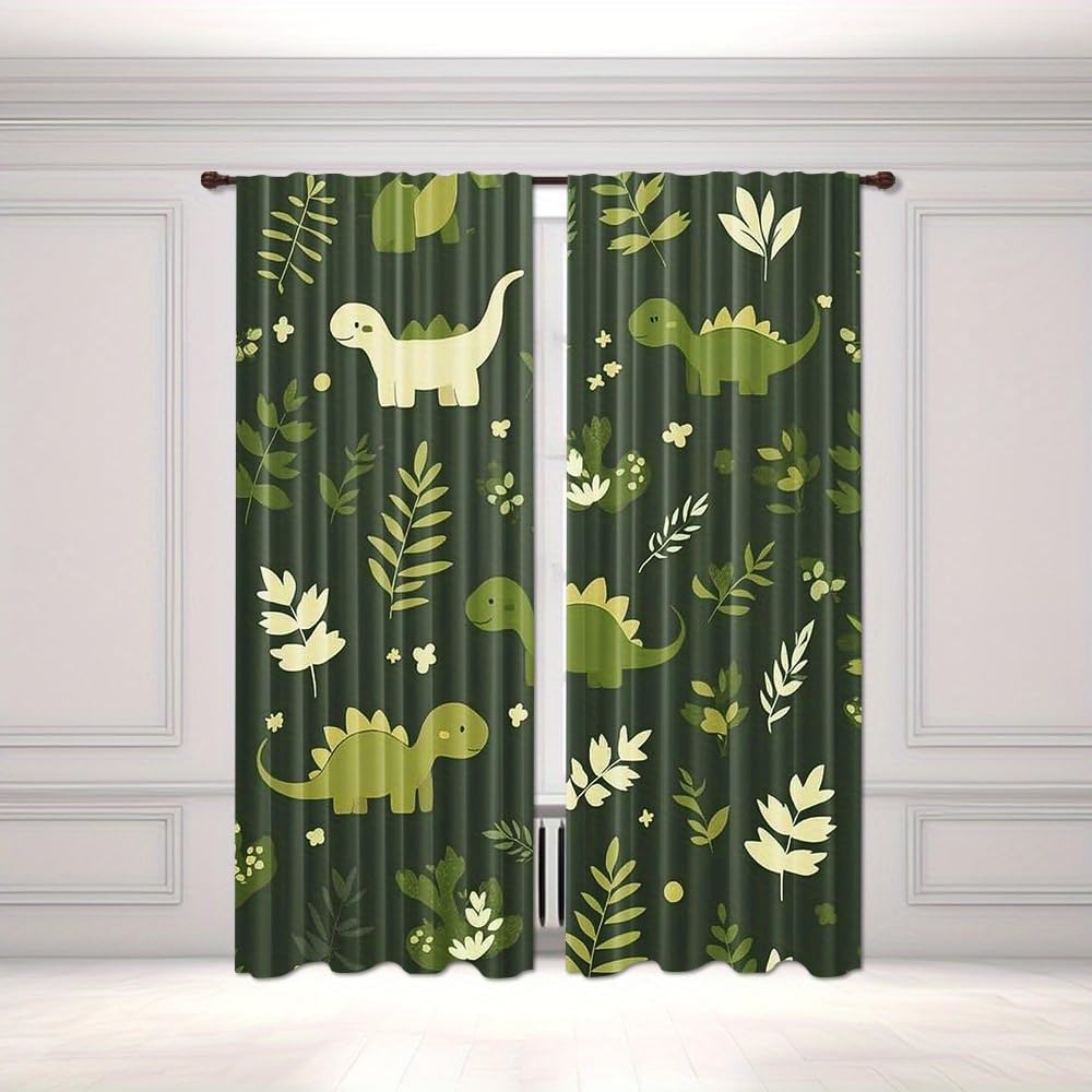 Dinosaurier Vorhänge für Jungen Grüne Dino-Blätter Schlafzimmer Fenstervorhänge Wärmeisoliert Geräuschreduzierend Sichtschutzvorhänge für das Wohnzimmer von Kindern, B75 cm x L165 cm x 2 Stück