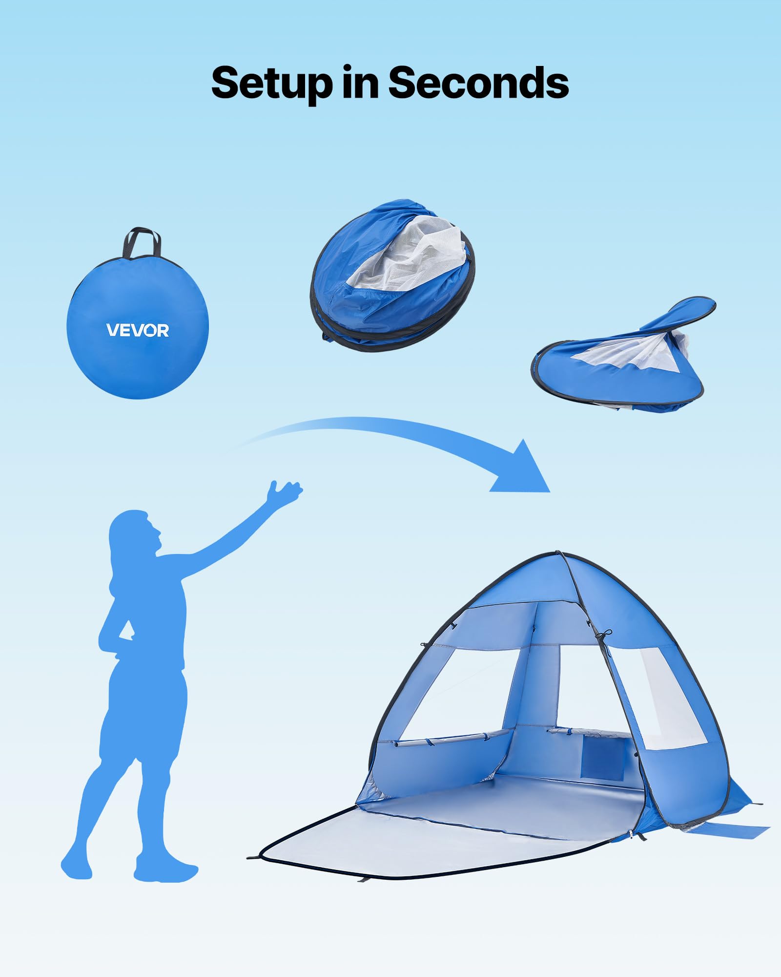 VEVOR Tenda da Spiaggia Parasole per Mare per 2 Persone, Portatile con Borsa per il Trasporto e Pali in Metallo, Ombrellone da Spiaggia Compatto per Campeggio, Pesca, Picnic, Tenda da Sole