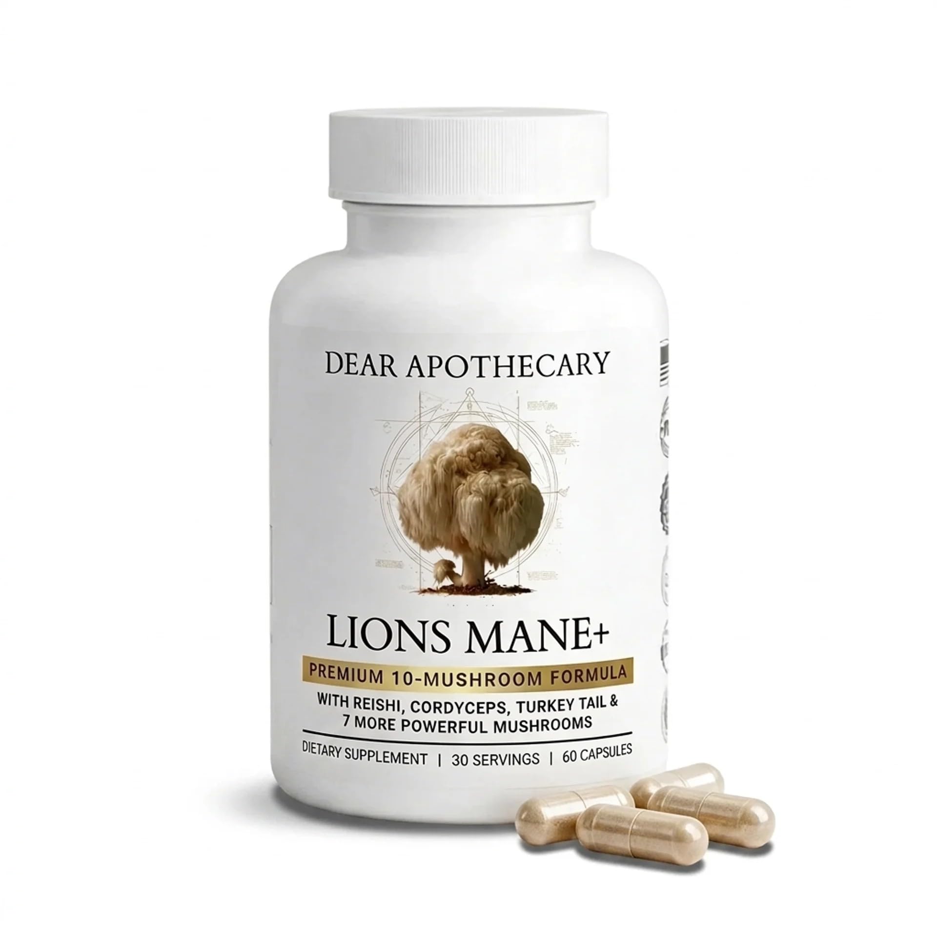 Lions Mane 10x Mushroom Complex 10 in 1, Cordyceps Reishi Shiitake Chaga Maitake Turkey Tail, Brain Focus & Immune Support, 60 Veggie Capsules