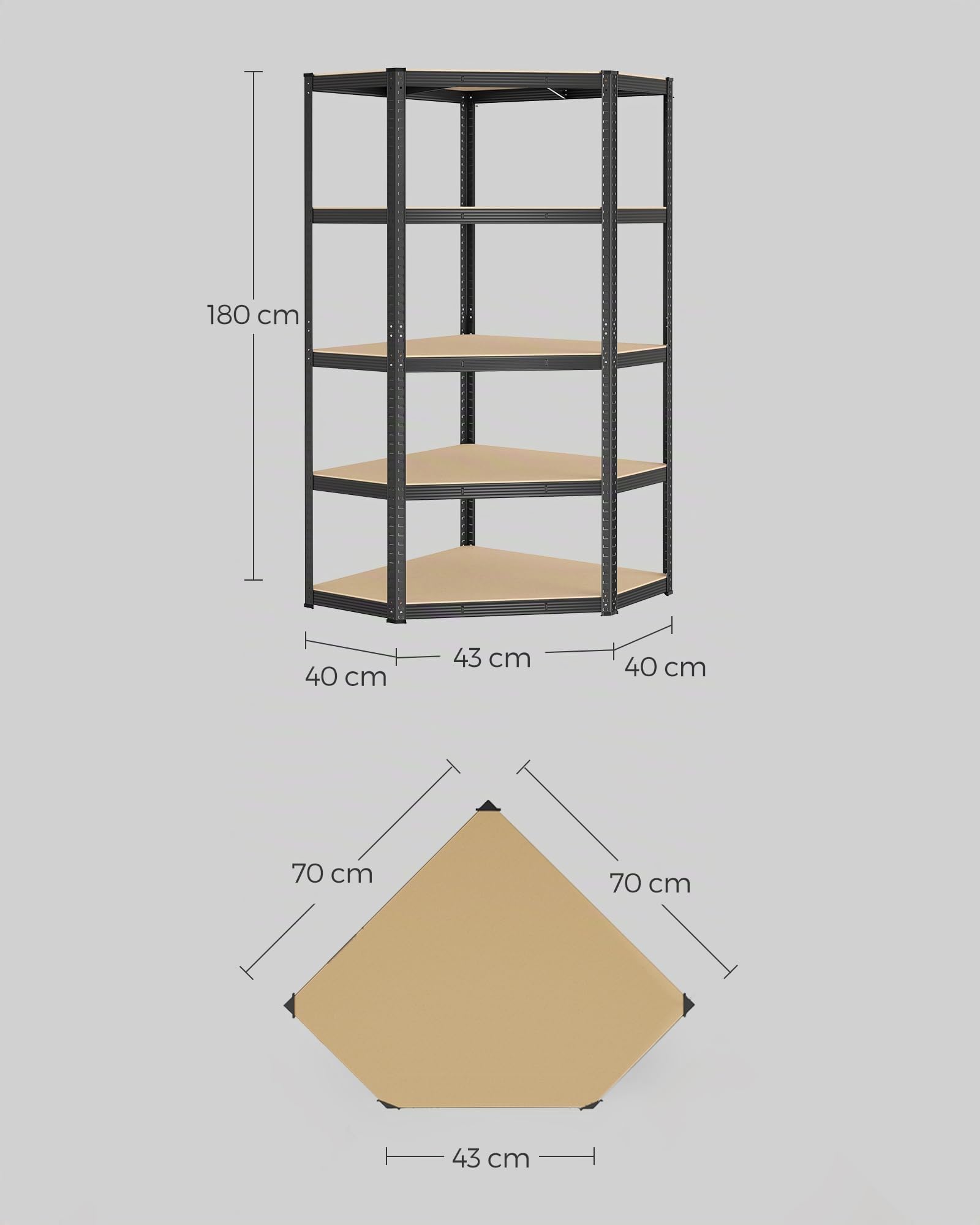 SONGMICS Scaffale Angolare a 5 Ripiani, Scaffalatura ad Angolo in Acciaio per Carichi Pesanti, per Garage, Ripostiglio, Magazzino, Portante 875 kg, Nero Inchiostro e Beige Naturale GLR080B01