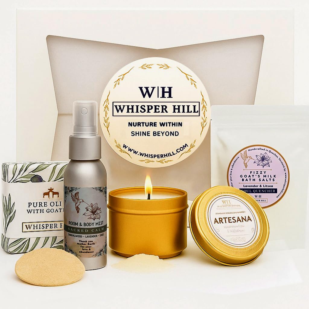WHISPER HILL Spa Gift Box for Women – Handcrafted Self Care Set Made in Vermont | Natural Candle, Goat Milk Soap, Bath Salts, Room Mist & Loofah | Relaxation & Wellness Gift
