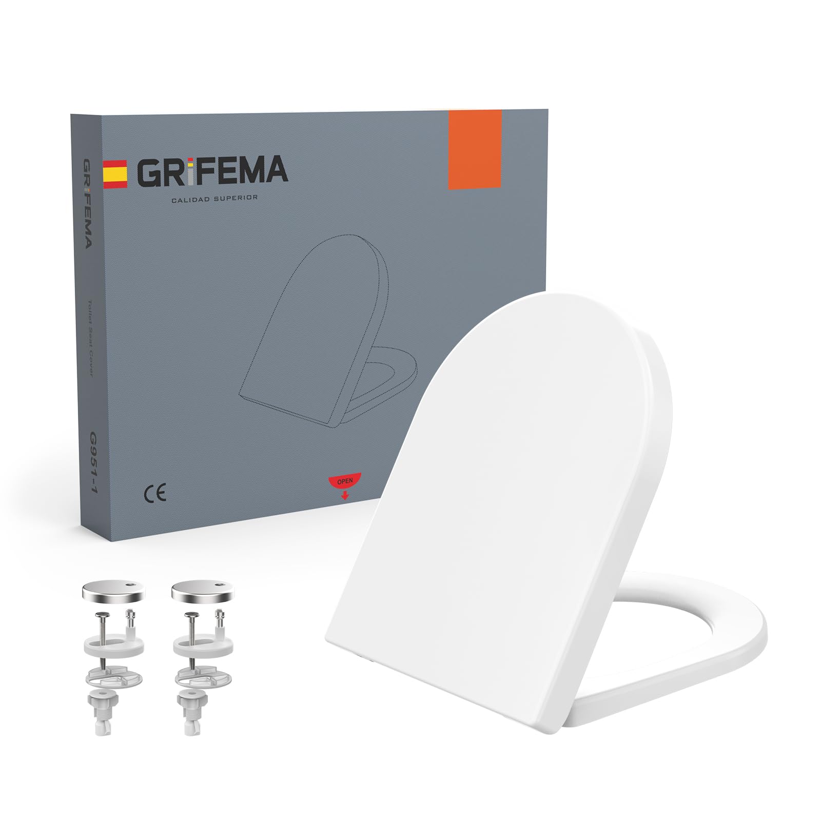 GRIFEMA Tapa WC Universal Premium - UF Resin, Efecto Cerámico, Antibacteriana, No Amarillea - Cierre Suave Silencioso - Liberación Rápida - Fácil Montaje - Tapa Inodoro Forma D [Exclusivo en Amazon]