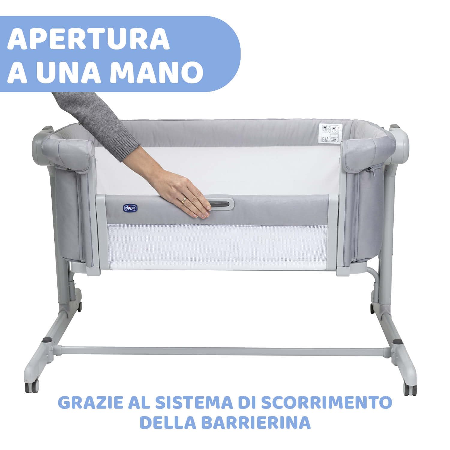 Chicco Next2Me Magic Evo, Culla Neonato Fianco Letto, con Modalità Dondolo, Spondina Apribile, 11 Livelli di Altezza, Altezza Regolabile, 4 Ruote, Materasso e Borsa da Viaggio Inclusi, Grigio chiaro
