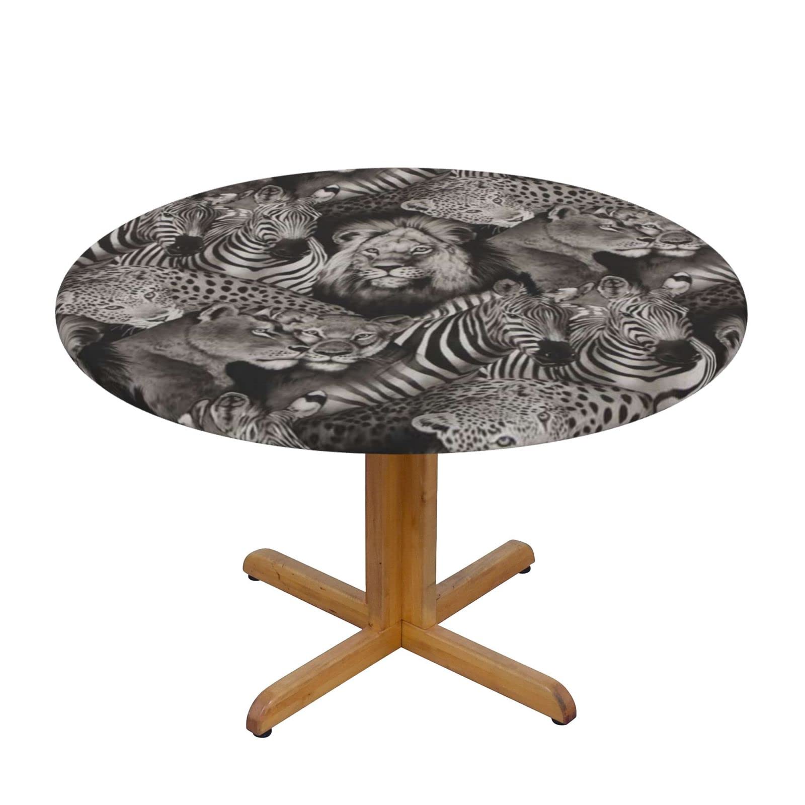 Lsjuee Round Fitted Tablecloth 45-50in Elastic Edged Table Cloth for Kitchen Dining Party Home Decor - Wild Animal Lion Leopard Zebra Grey