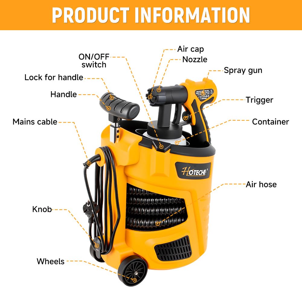Hoteche Pistola a spruzzo elettrica HVLP da 700 W, 800 ml, ugello da 2,5 mm, 1000 ml/min, tubo da 3 m, spruzzatore di colore