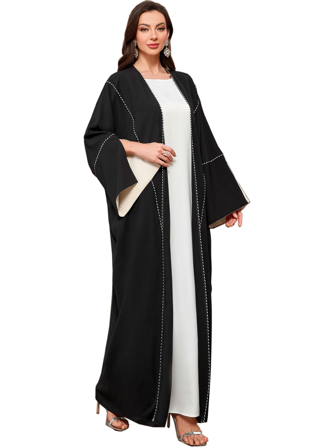 MedeSheWomen's Loose Black Floral Beading Draped Open Kimono Abaya Cardigan Jalabiya