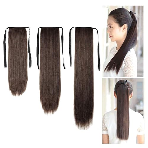 Miniatura 3 de 455525.6 in moda mujeres largo recto peluca cola de caballo extensión del pelo Cosplay hairpiece marrón oscuro 25.6 in