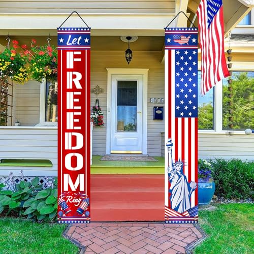 Image of 4th of July Decorations Outdoor Patriotic Memorial Day Decor, American Flag Banner Stars and Stripes Porch Sign for Memorial Independence Veterans Labor Day Party Supplies Red White Blue
