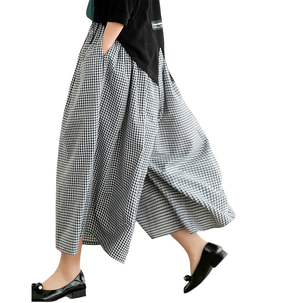 Womens Plaid Cotton Linen Pants Elastic Waist Wide Leg Loose Trousers with Pockets