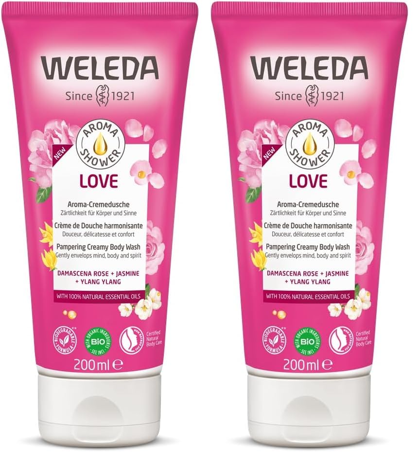 WELEDA Bio Love Duschgel vegan - Naturkosmetik Aroma Shower Duschseife für Frauen & Männer mit Rose, Jasmin & Ylang Duft, Natürliche Hautpflege Dusche zur Reinigung von Gesicht & Körper (1x 200ml)