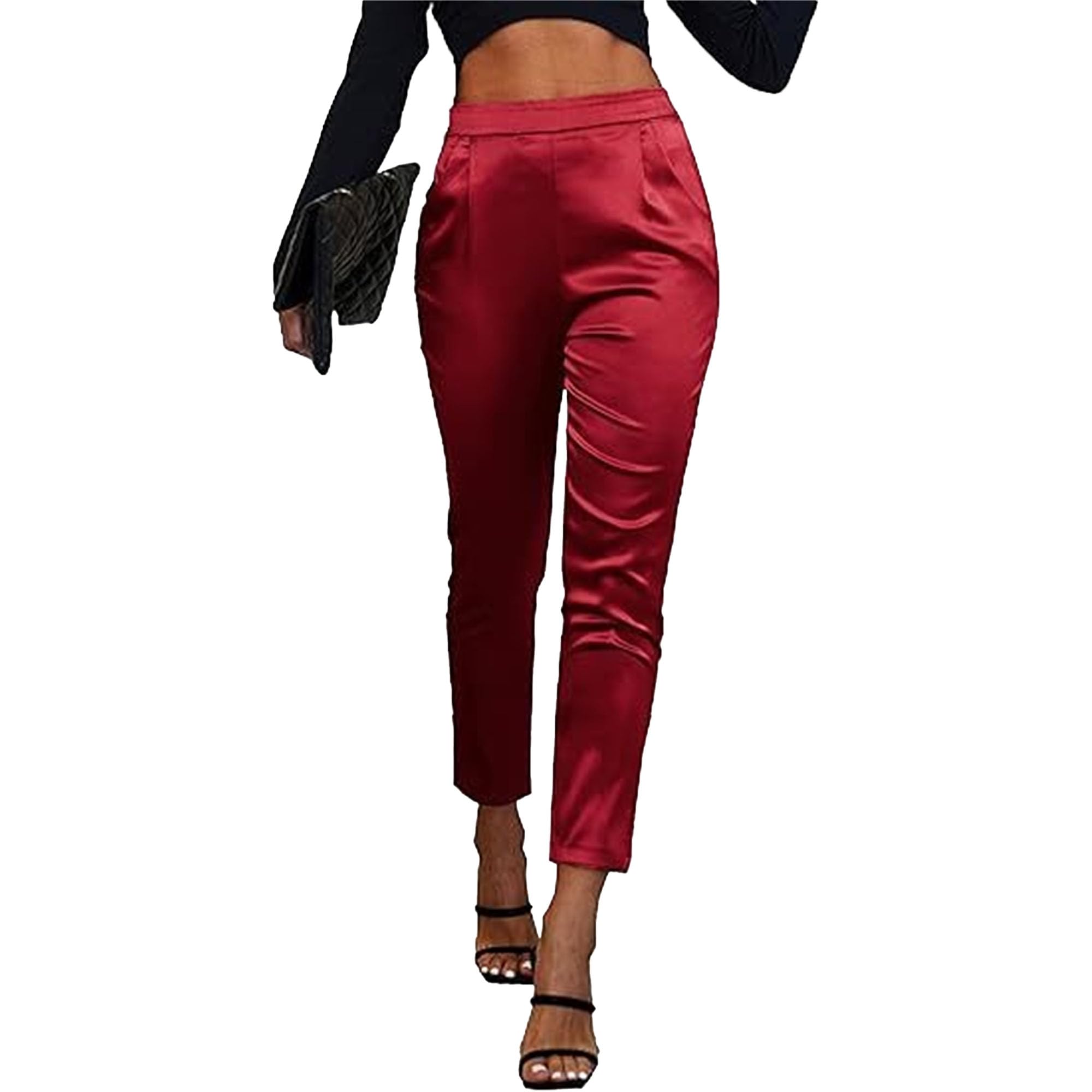 Womens High Waisted Satin Pants Pleated Tapered Trousers Casual Pull On Dressy Slacks with Pockets