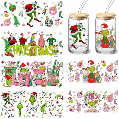UV DTF Cup Wraps Sticker - 6 Sheets Christmas Grinchs Rub on Transfers for Crafts for Glass 16 oz, UV DTF Transfer Sticker, Creative Festival Decoration Cover
