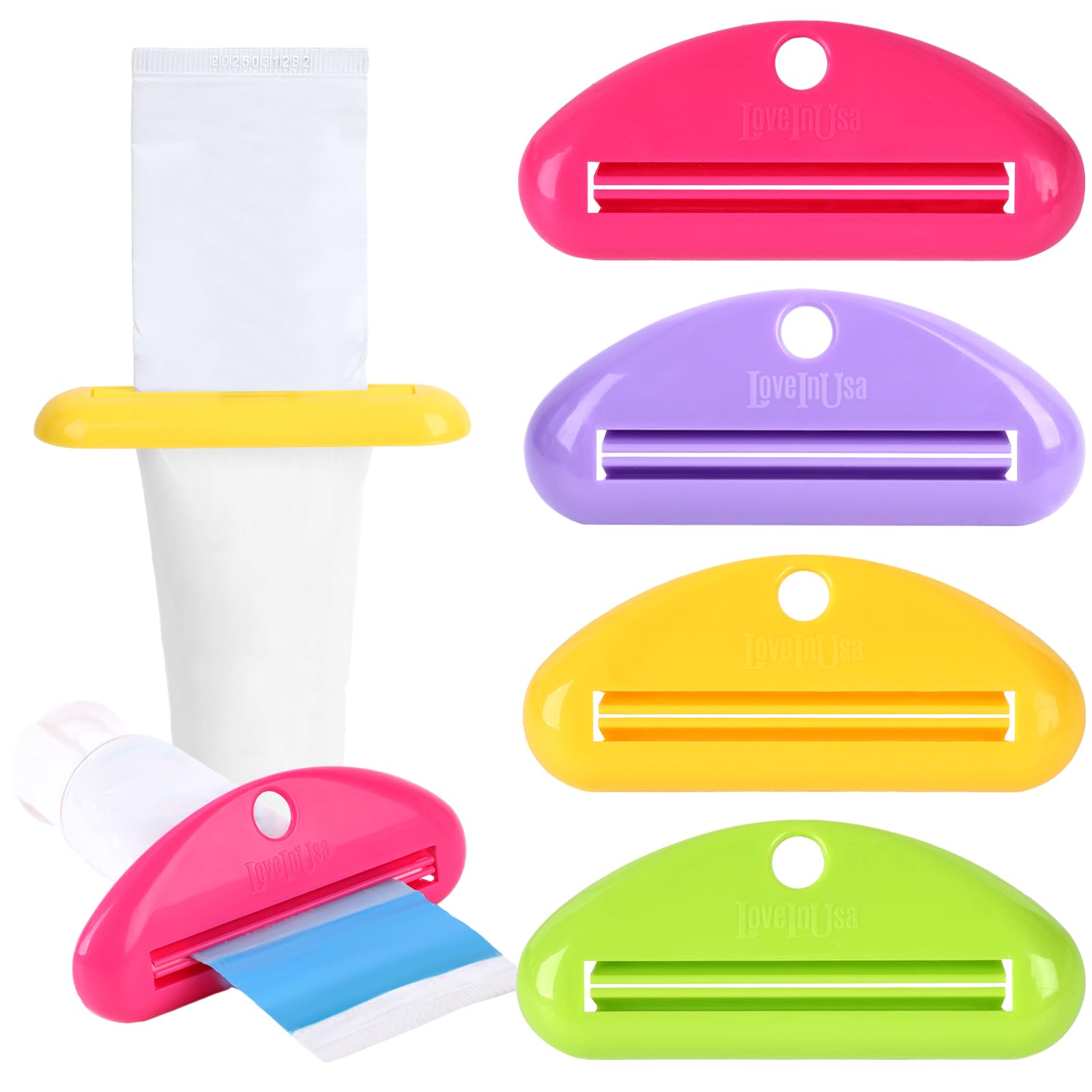 LOVEINUSA Toothpaste Tube Squeezer Dispenser, 4PCS Hanging Tooth Paste Clips Roller Squeezer Holder for Saving Toothpaste Facial Cleanser Creams Paint