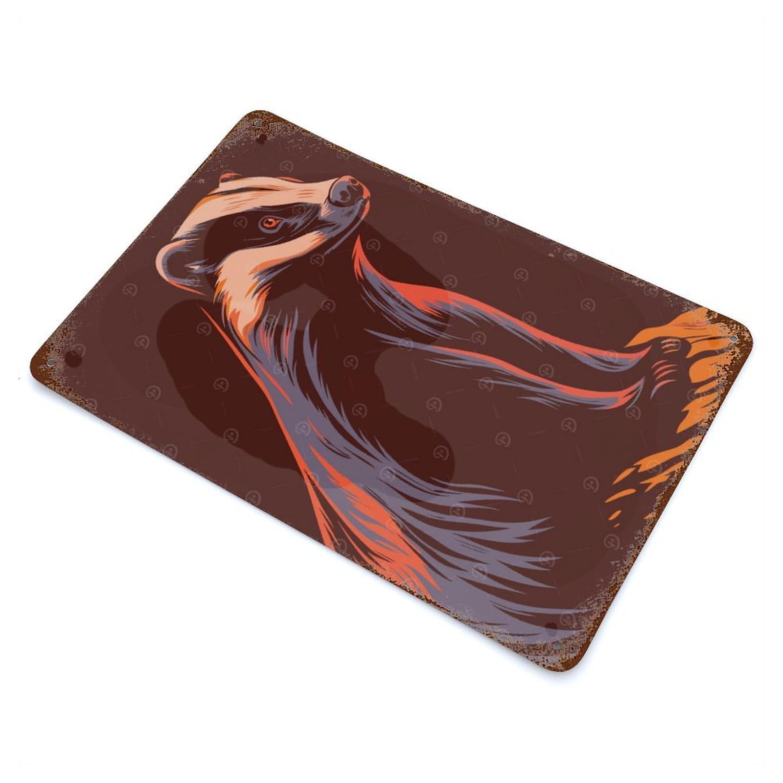 Stylized Badger Illustration Aged Metal Wall Plaque 11.8"x7.9", Old School Wall Decor for Garage, Bar And Workshop Decor