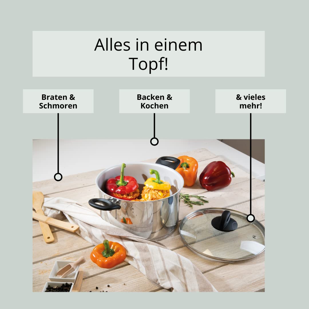 Genius Cerafit Steel Kochtopf 20cm + Glasdeckel - Edelstahl-Topf beschichtet mit 3,5l Fassungsvolumen | Nudeltopf für alle Herdarten & Induktion | Sandwichboden mit Aluminiumkern