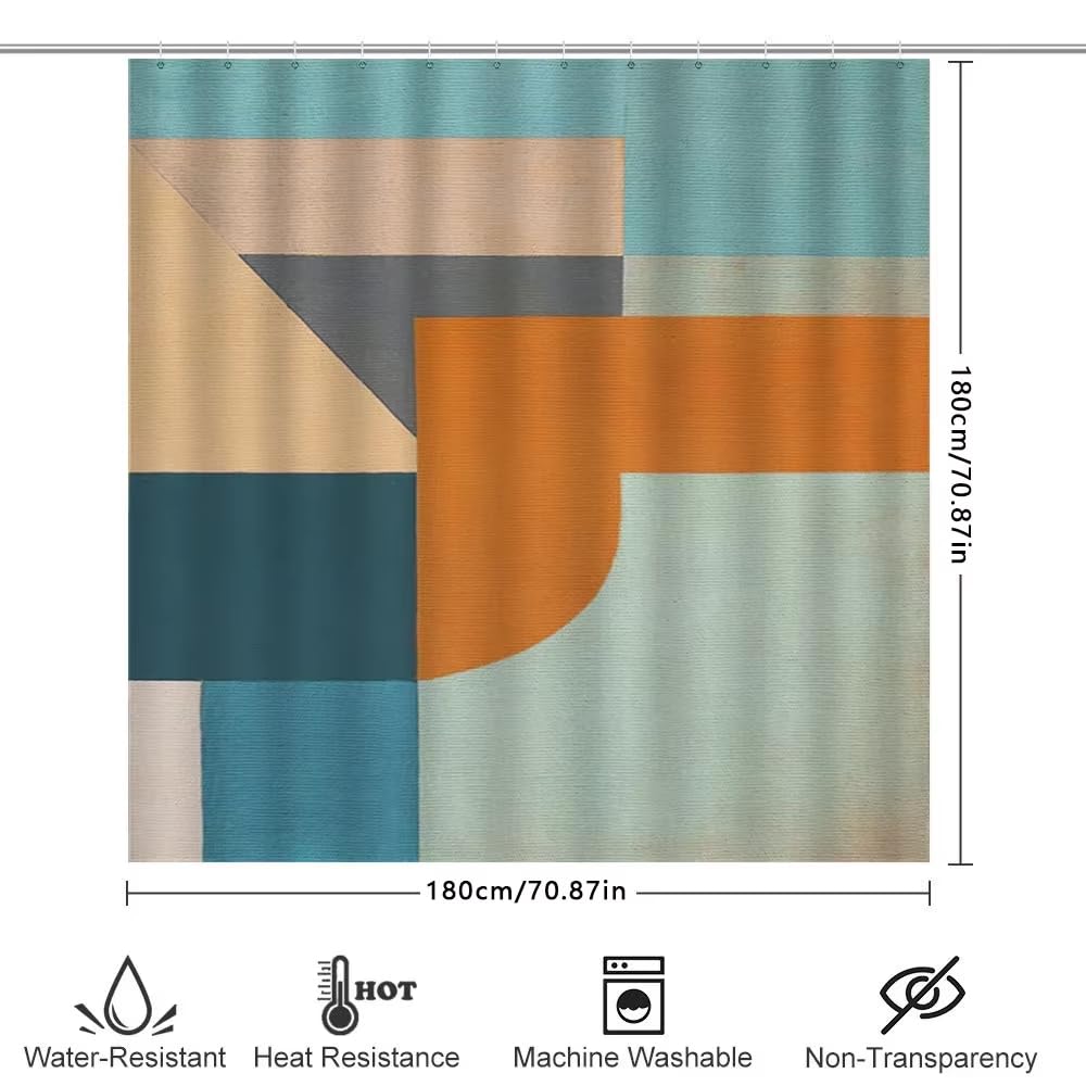 Rideau de Douche à Motif géométrique Moderne pour la décoration de Salle de Bain, Design Orange, Bleu et Beige, imperméable 240x213cm/(WxH)