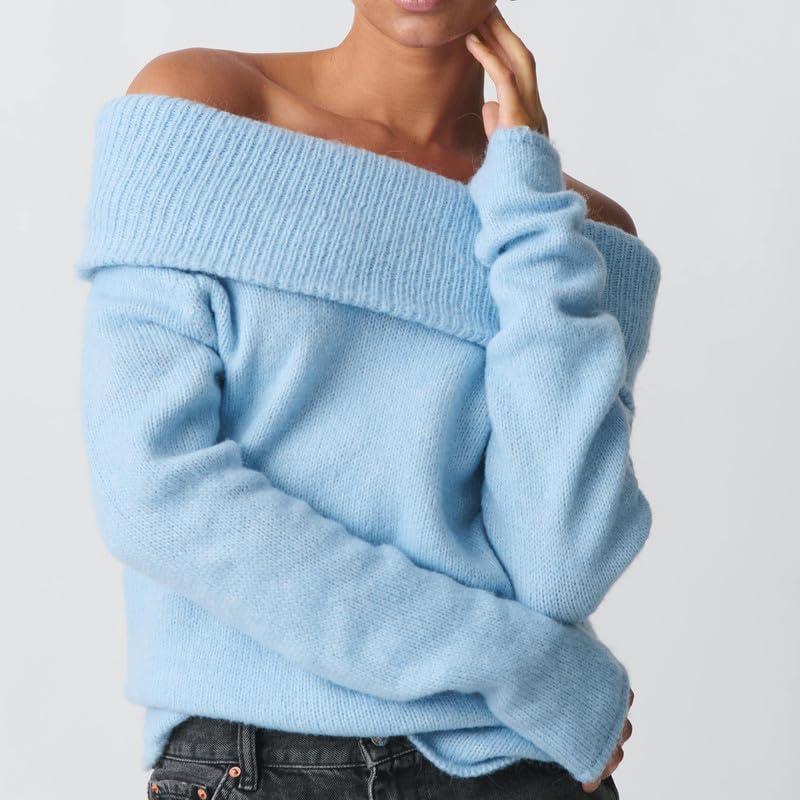 Image of Women Off The Shoulder Sweater Long Sleeve Ribbed Knit Top Y2k Pullover Sweaters Fall Going Out Streetwear