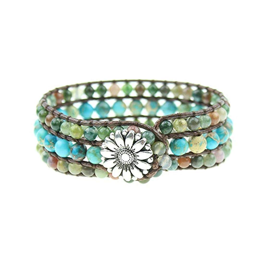 YGLINE Boho Handmade Natural Stone Bead 3 Row Wide Wrap Wrist Statment Bracelet Jewelry Collection