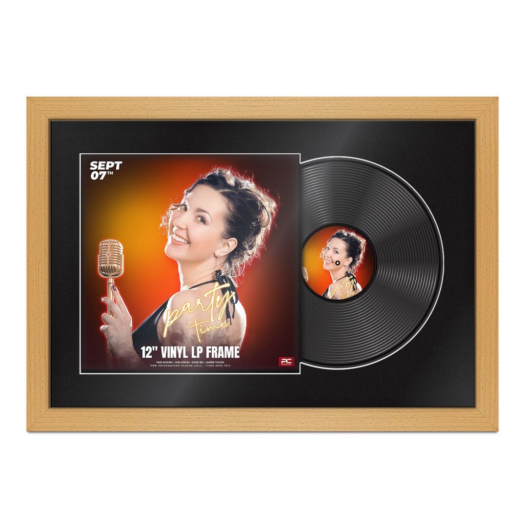 Procut Global 25X17" Country Pine Vinyl Record Frame for 12 Inch LP Cover & Disc - Display Photo Frame with Overlapped Design-Engineered Wood, Shatterproof Perspex - Music Lover Gift & Home Décor