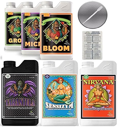 Advanced nutrientes Bloom crecer Micro litro y Nirvana 1 litro tarántula de Sensizym 1 litro Bundle tabla de conversión y 0.1 fl oz pipeta