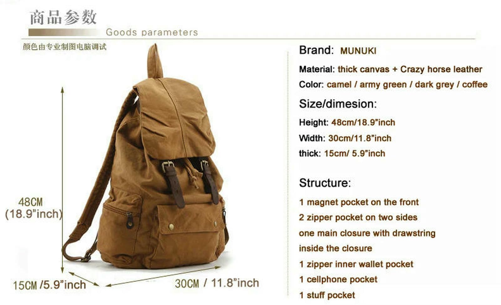 Rucksack Vintage-Rucksack Aus Canvas-Leder Für Herren, Mit Kordelzug, Schul- Und Reise-tagesrucksack, Freizeittasche Großem Fassungsvermögen-grün