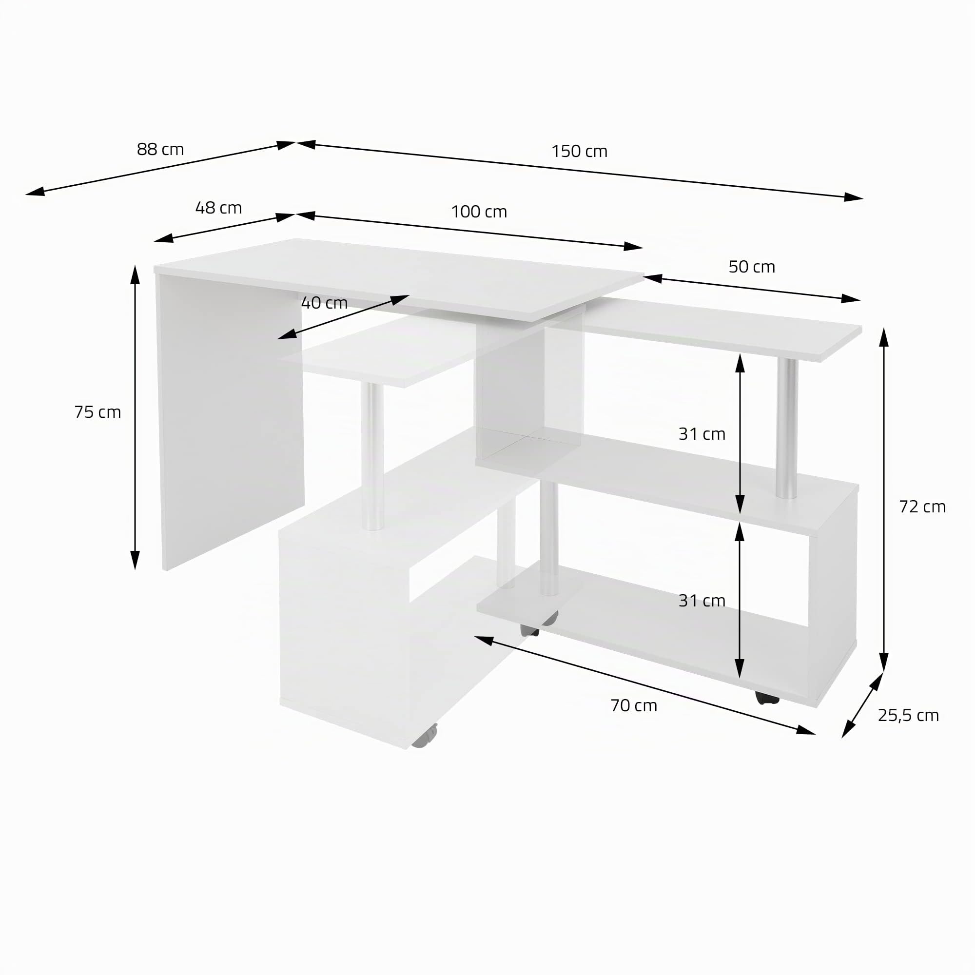 ML-Design Scrivania Angolare per Computer PC 150x88x75 cm Girevole a 90° Forma di L Tavolo ad Angolo con 4 Ruote Mensola a 3 Ripiani per Casa Ufficio Postazione di Lavoro Design Moderno Bianca