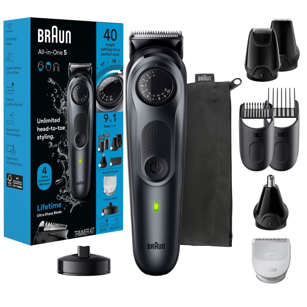 BraunAll-in-One Men's Shaving Kit Series 5 5490, 9-in-1 Beard, Face, Nose, Ear Trimmer, Hair Clippers, Body Groomer and ManscapingGreenCircle Certified: Certified Energy Savings