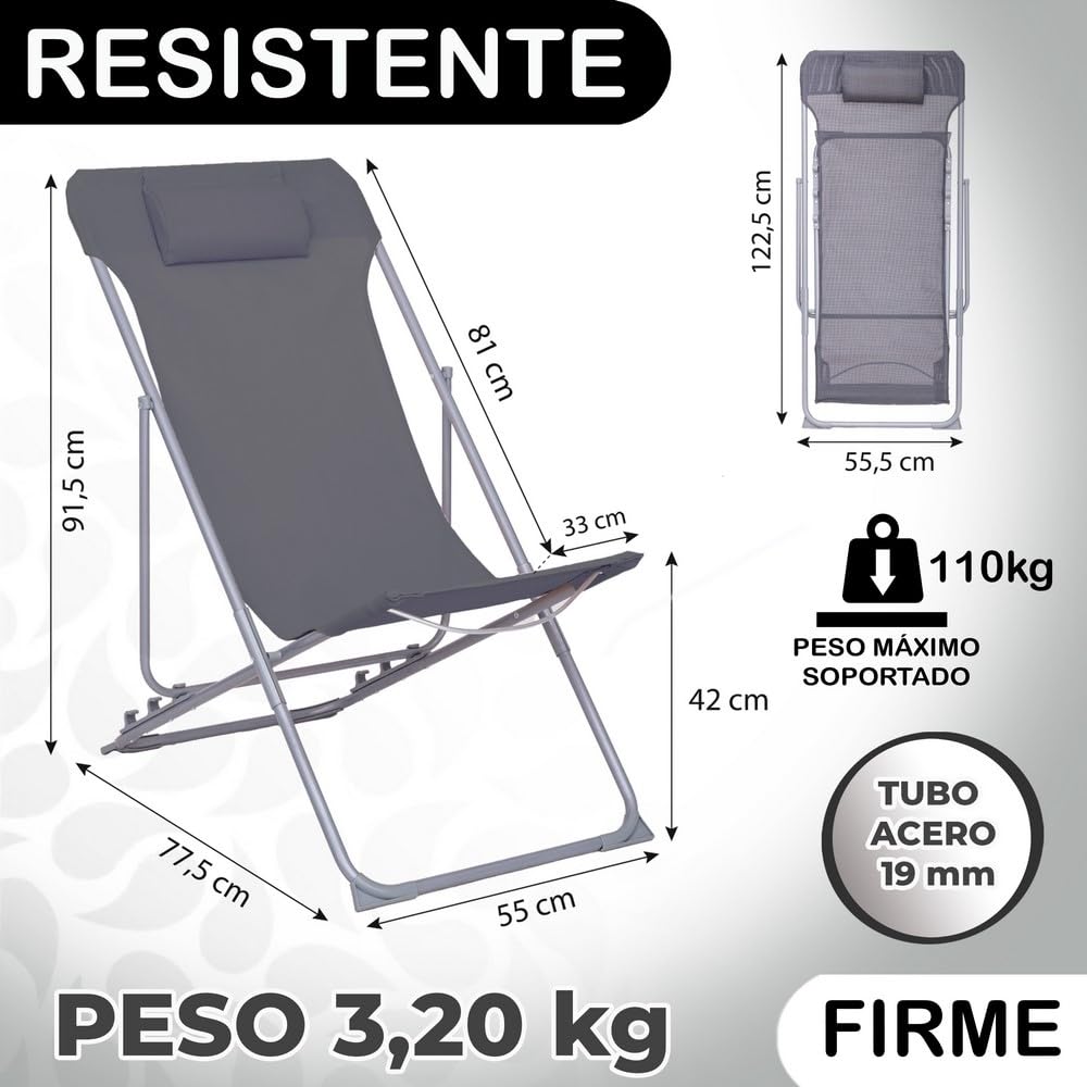LOLAhome 2 sillas Camping jardín y terraza Plegables Cierre Tijera de Acero con Epoxi anticorrosión y textileno Reforzado Grises