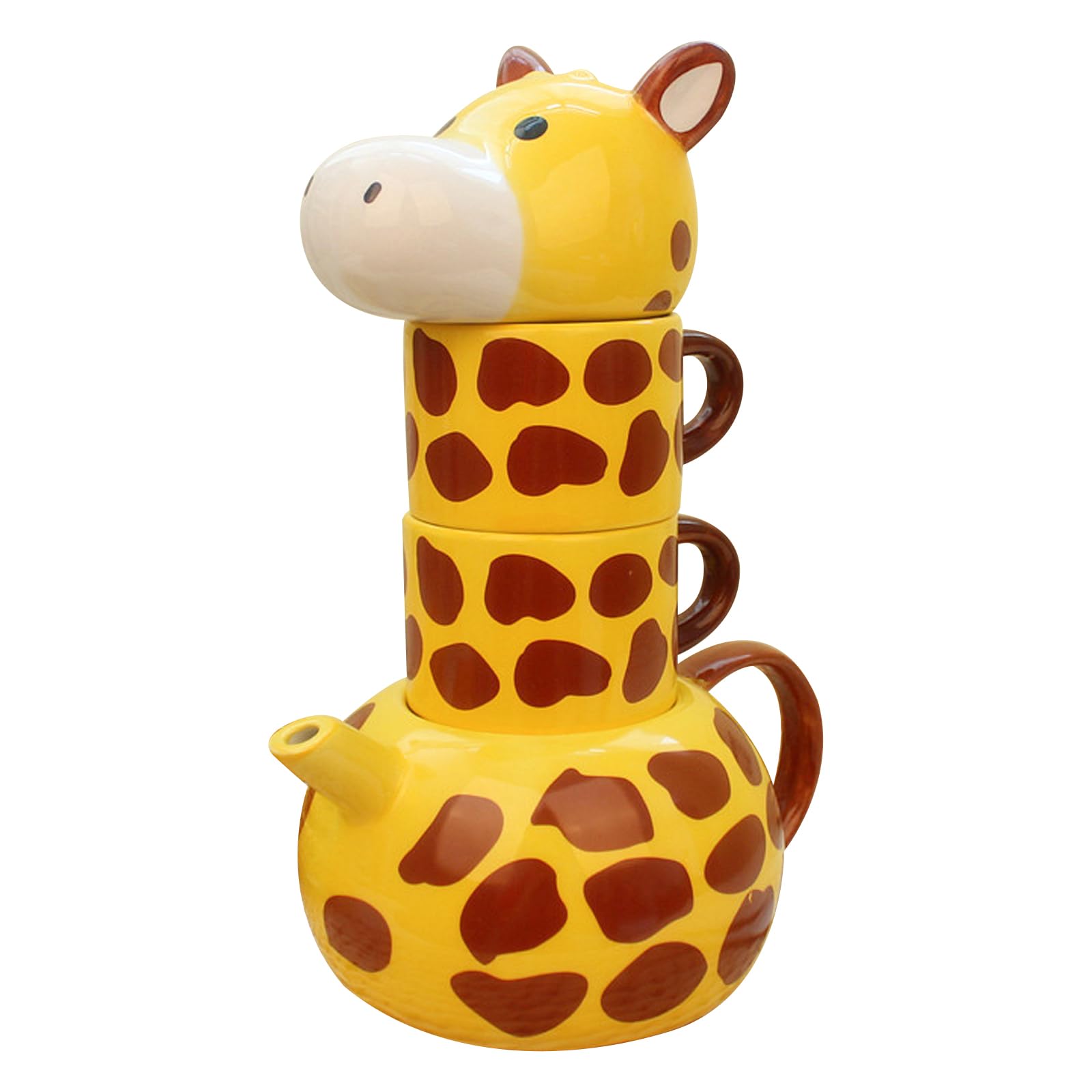豆茶器・動物柄　Dou Tea Set (Animal Pattern) Giraffe Cartoon Animal Teapot with 2 Cups, Hand-Painted Porcelain