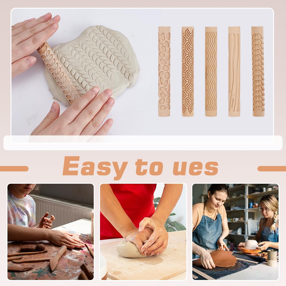 arricraft 5 outil de Poterie avec Manche en Bois 5 styles Rouleaux à Motifs Ondulés et Ondulés pour Gaufrage et Modelage D'Argile pour Bricolage Poterie Pâtes Céramique