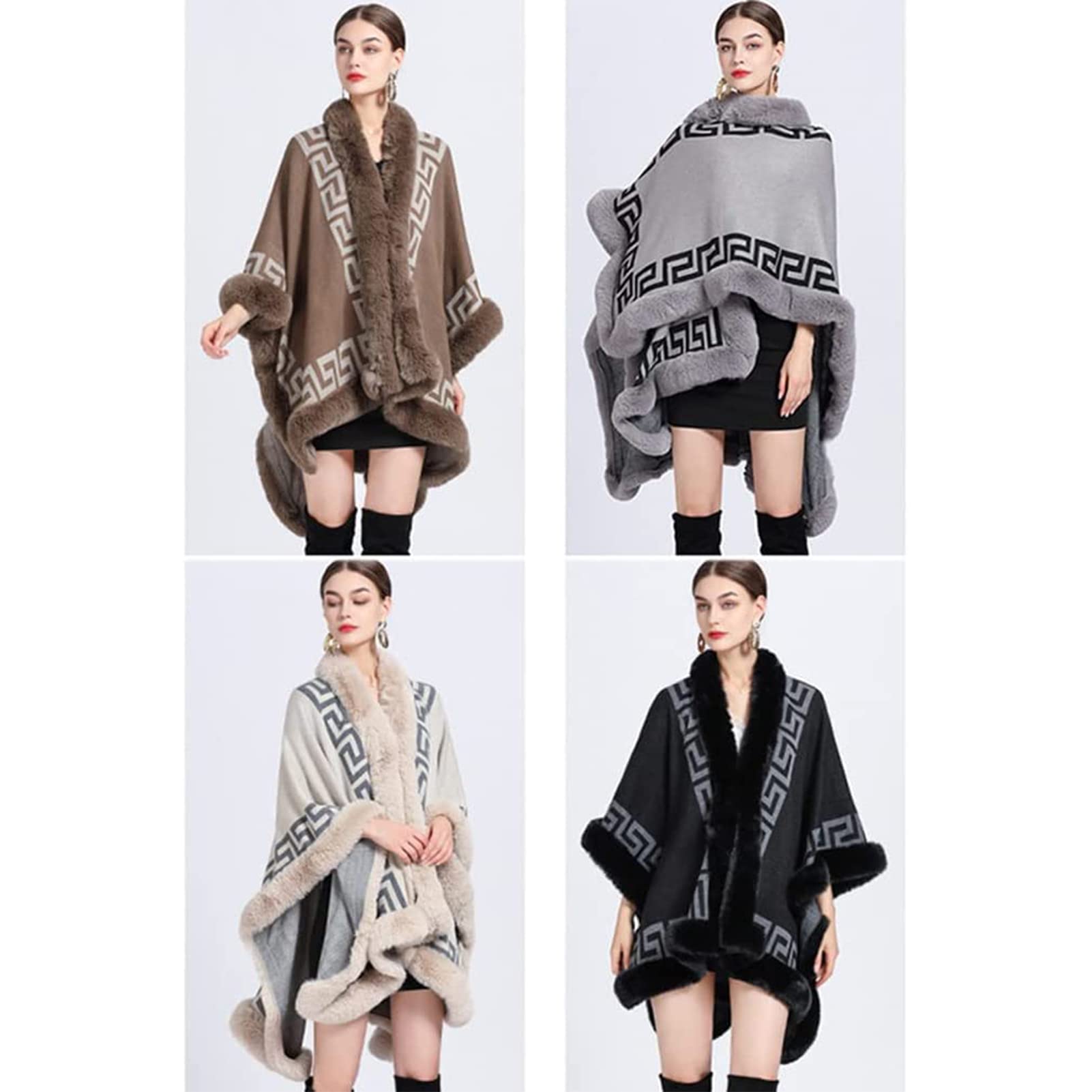 Autunno Inverno Donne Fine Knit Sciarpa Collare Capo Cardigan con Faux Fur Trim Layers Poncho, Faux Rabbit Fur Capo Wrap Scialle Cappotto di Lana