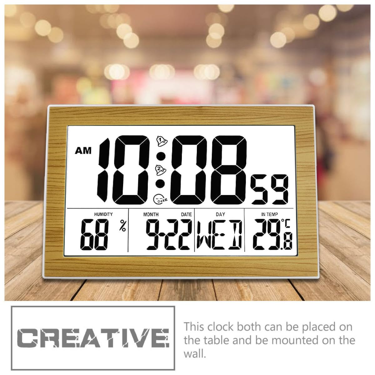 ULTECHNOVO Reloj Despertador Digital Multifunción de Pared y Sobremesa, Pantalla Grande Luz Trasera, Termómetro Integrado, Calendario Perpetuo, Color Madera Bambú, Adecuado para Hogar