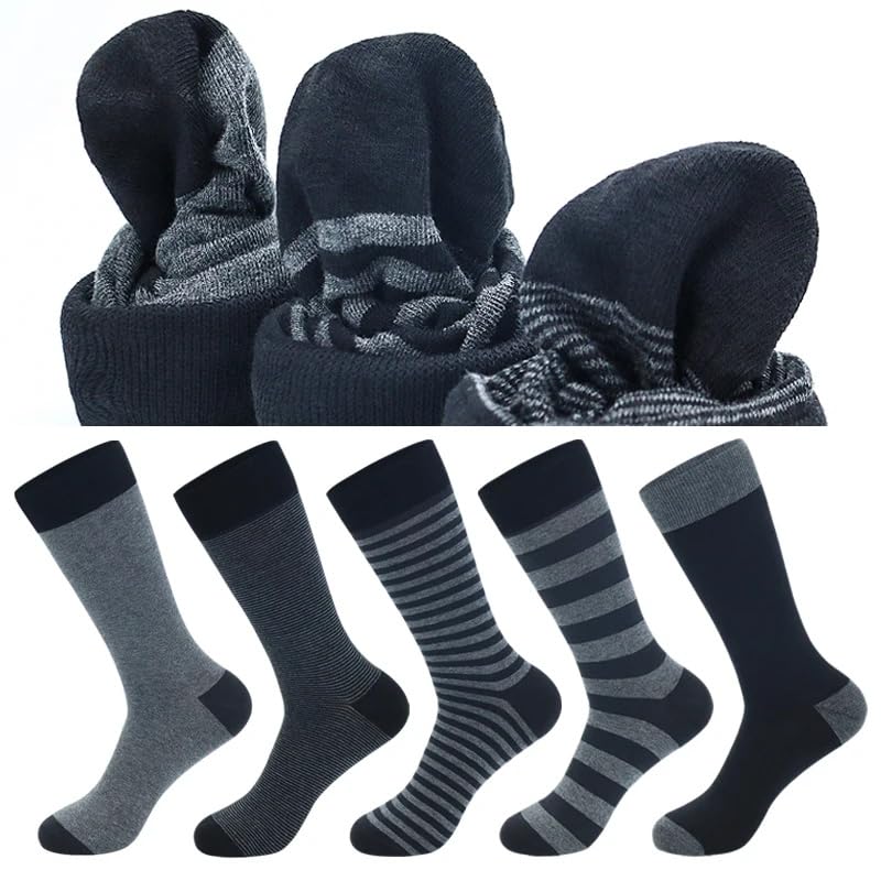 Dninmim 5 Pairs/Lot Men Dress Socks Large Size Business Stripe Black Gray Solid Cotton Socks2